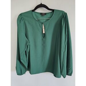 J Crew Shirt Womens Large Holiday Green Puff Sleeve Satin Back Crepe